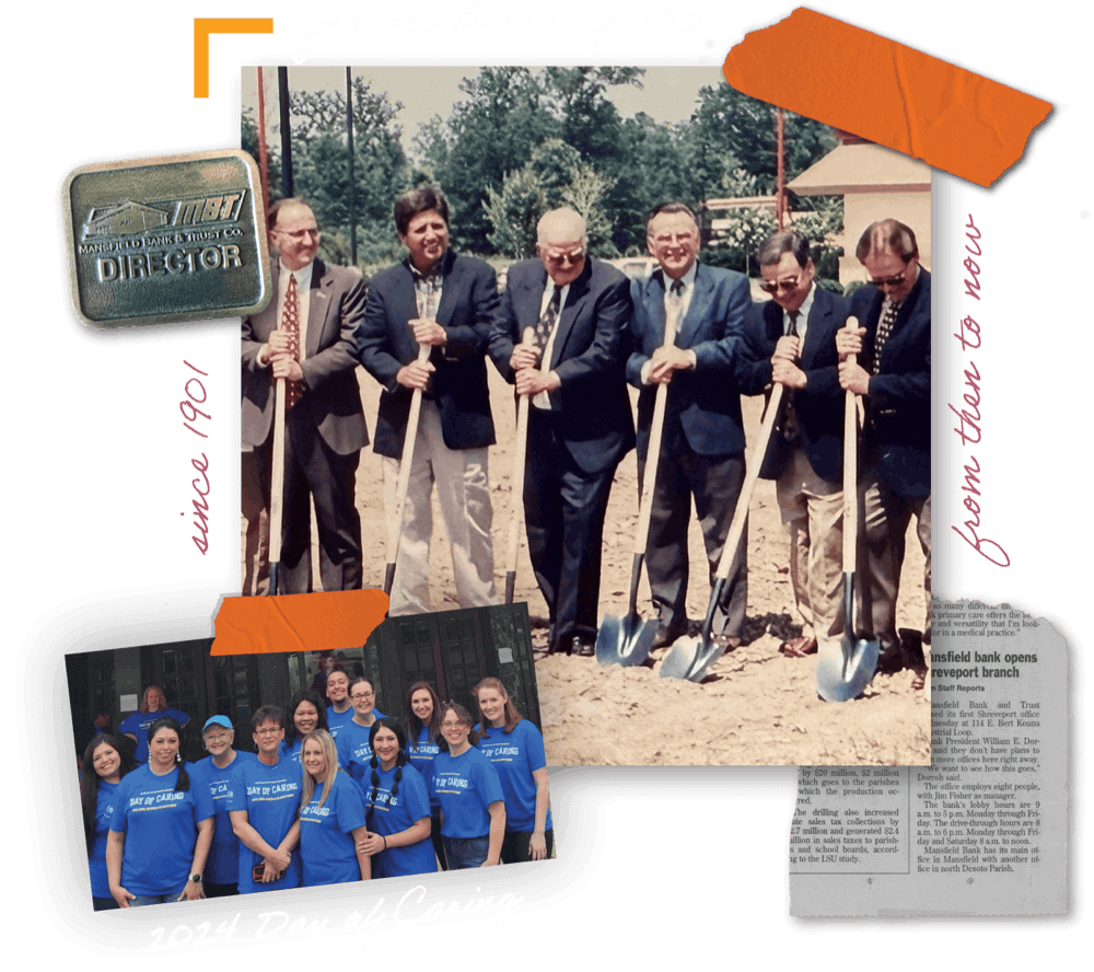 "Ground Breaking - 1980" alongside a an old photo of men in suits with shovels and a new photo of the CBLA team