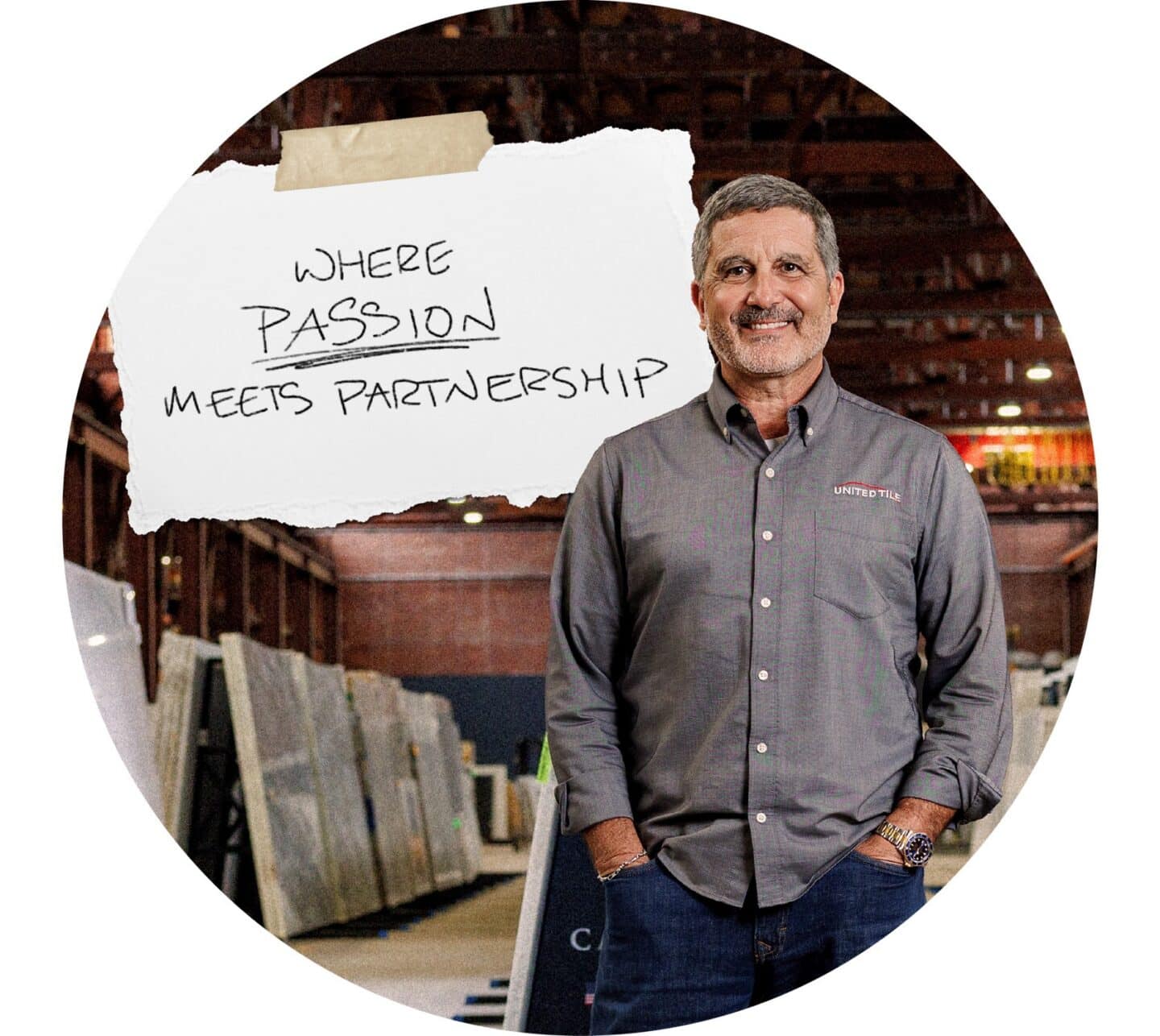 "Where Passion Meets Partnership" next to a man in a shirt reading "United Tile"